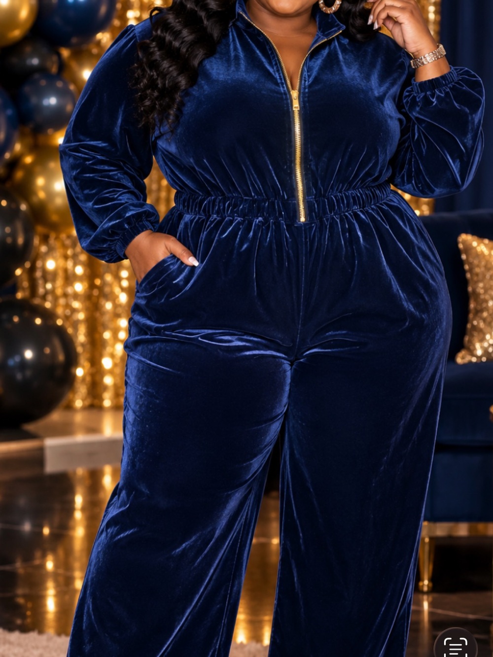 Fabletics Navy Velvet Jumpsuit with Gold Zip